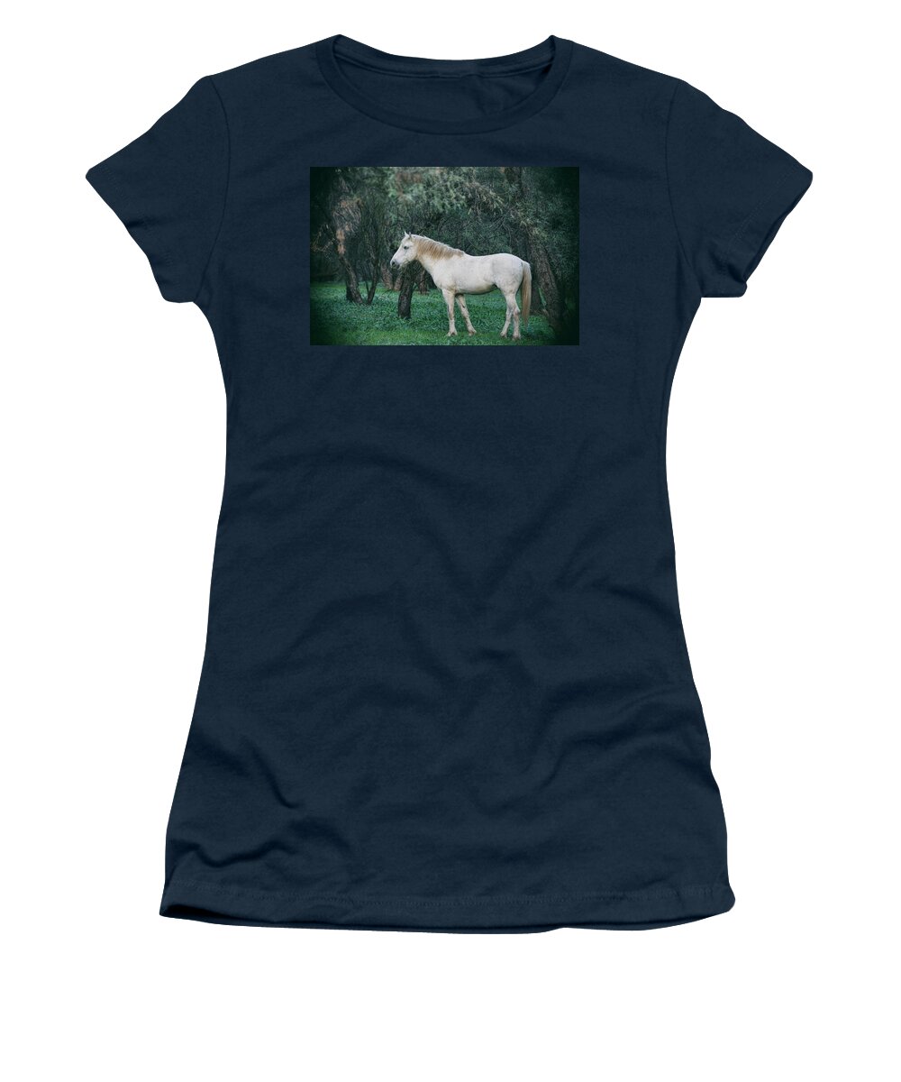 Wild Horses Women's T-Shirt featuring the photograph White Stallion in the Woods by Saija Lehtonen