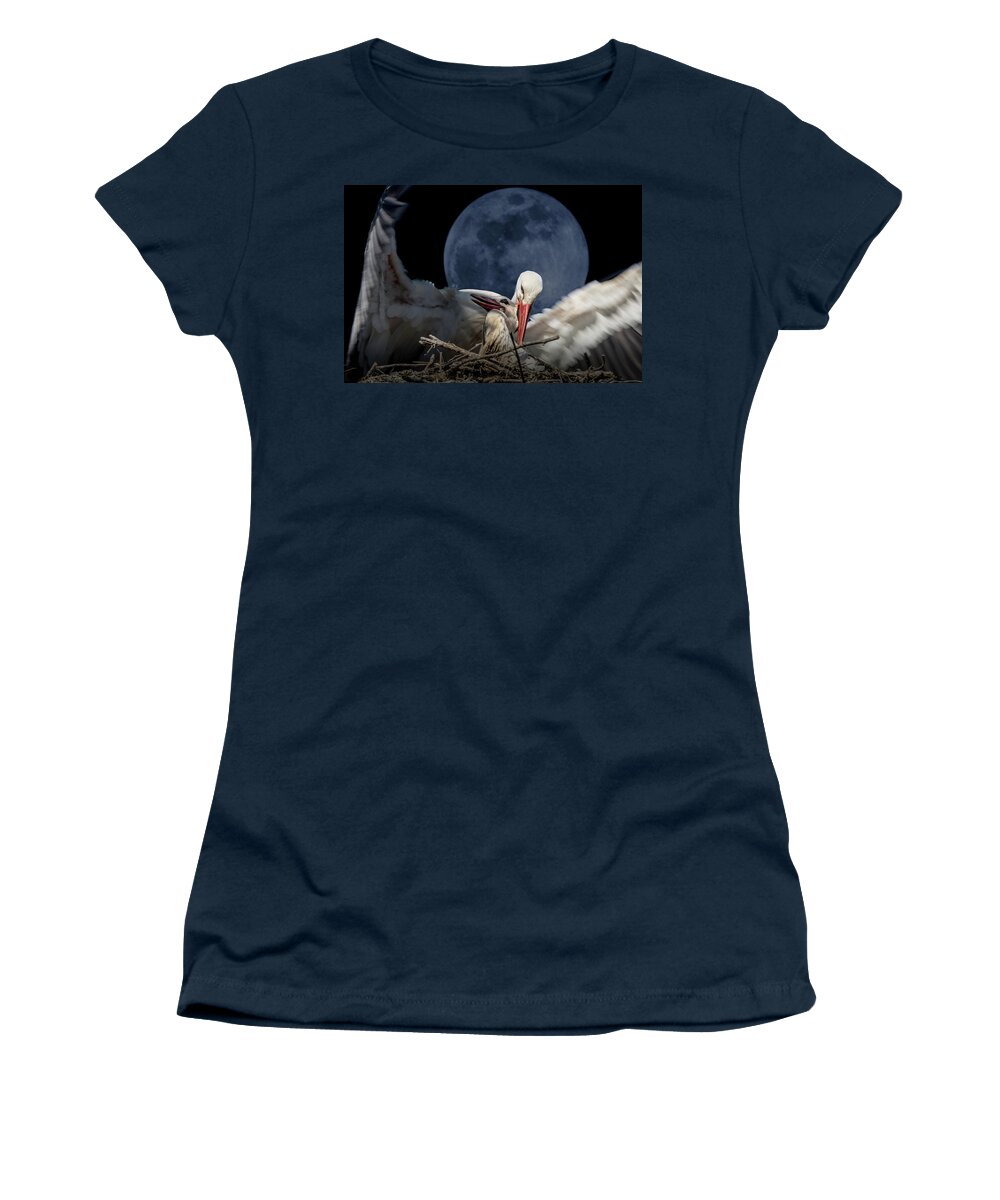 Composite Women's T-Shirt featuring the digital art White Storks of Fagagna with full moon by Wolfgang Stocker