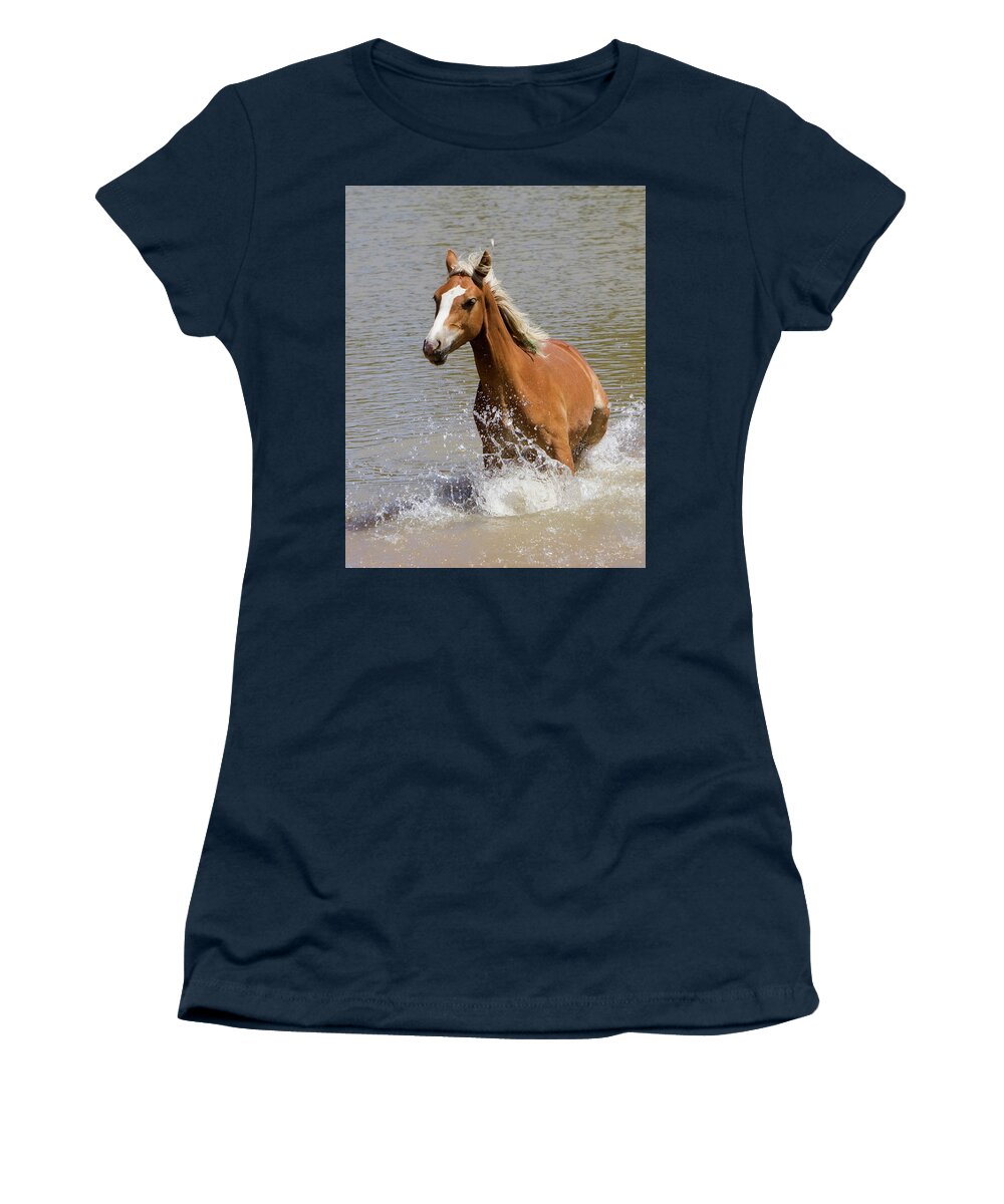 Wild Horse Women's T-Shirt featuring the photograph Wild Horse Splashing at the Water Hole by Mark Miller