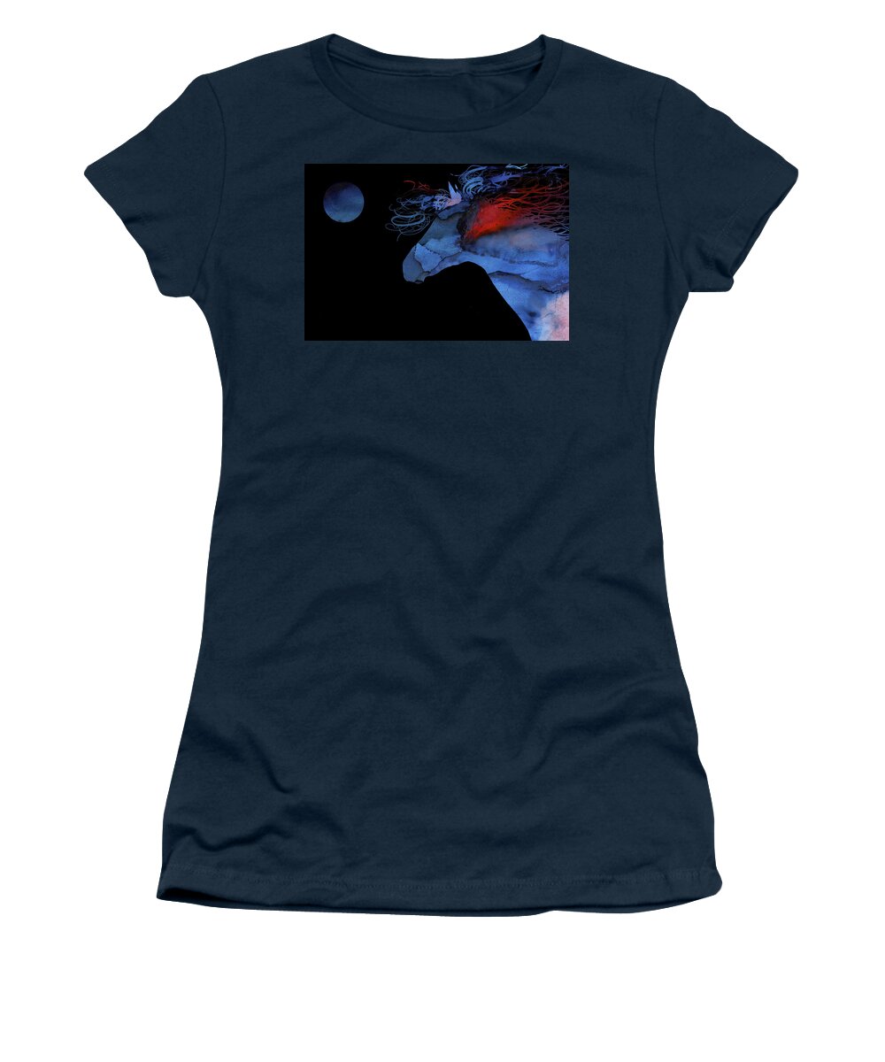 Abstract Horses Women's T-Shirt featuring the painting Wild Horse under a full Moon Abstract by Michelle Wrighton