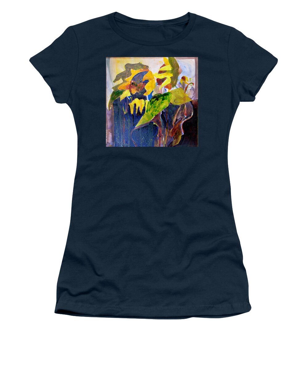 Sunflowers Women's T-Shirt featuring the painting Wind Blown Sunflowers by Carole Johnson