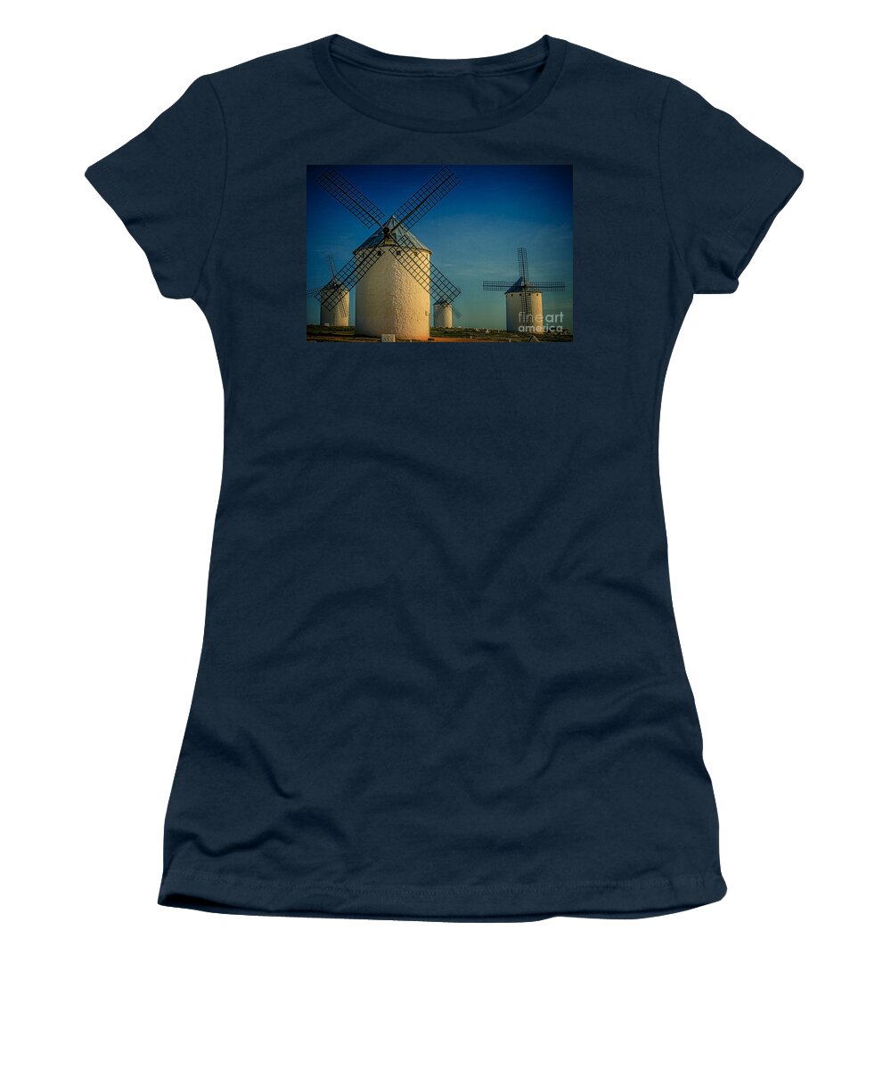 Windmills Women's T-Shirt featuring the photograph Windmills under blue sky by Heiko Koehrer-Wagner