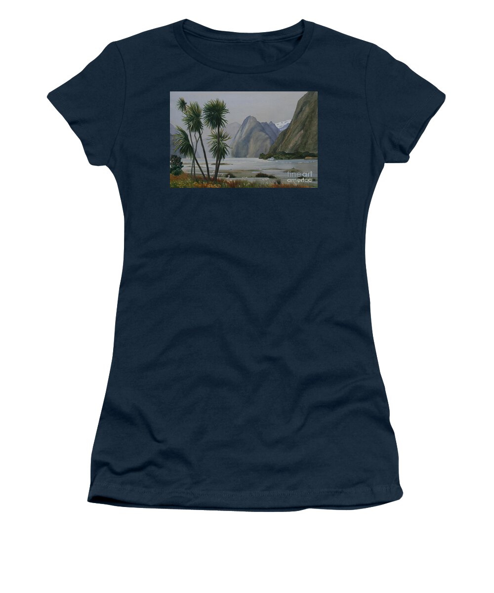 Milford Sound Women's T-Shirt featuring the painting Windy Evening Milford Sound by Jan Lawnikanis