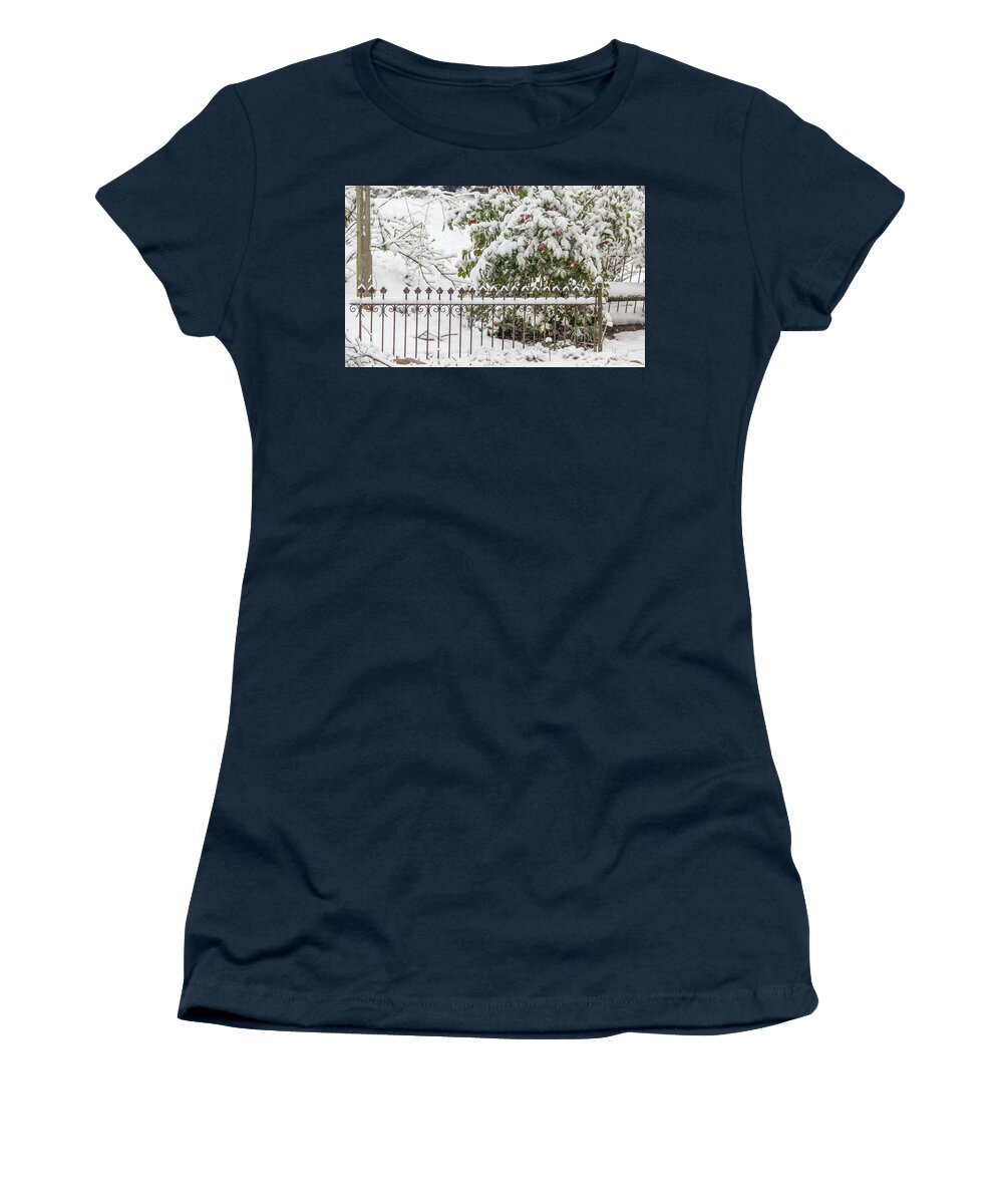 2018 Women's T-Shirt featuring the photograph Winter in Spring Snowy Fence by Teresa Mucha