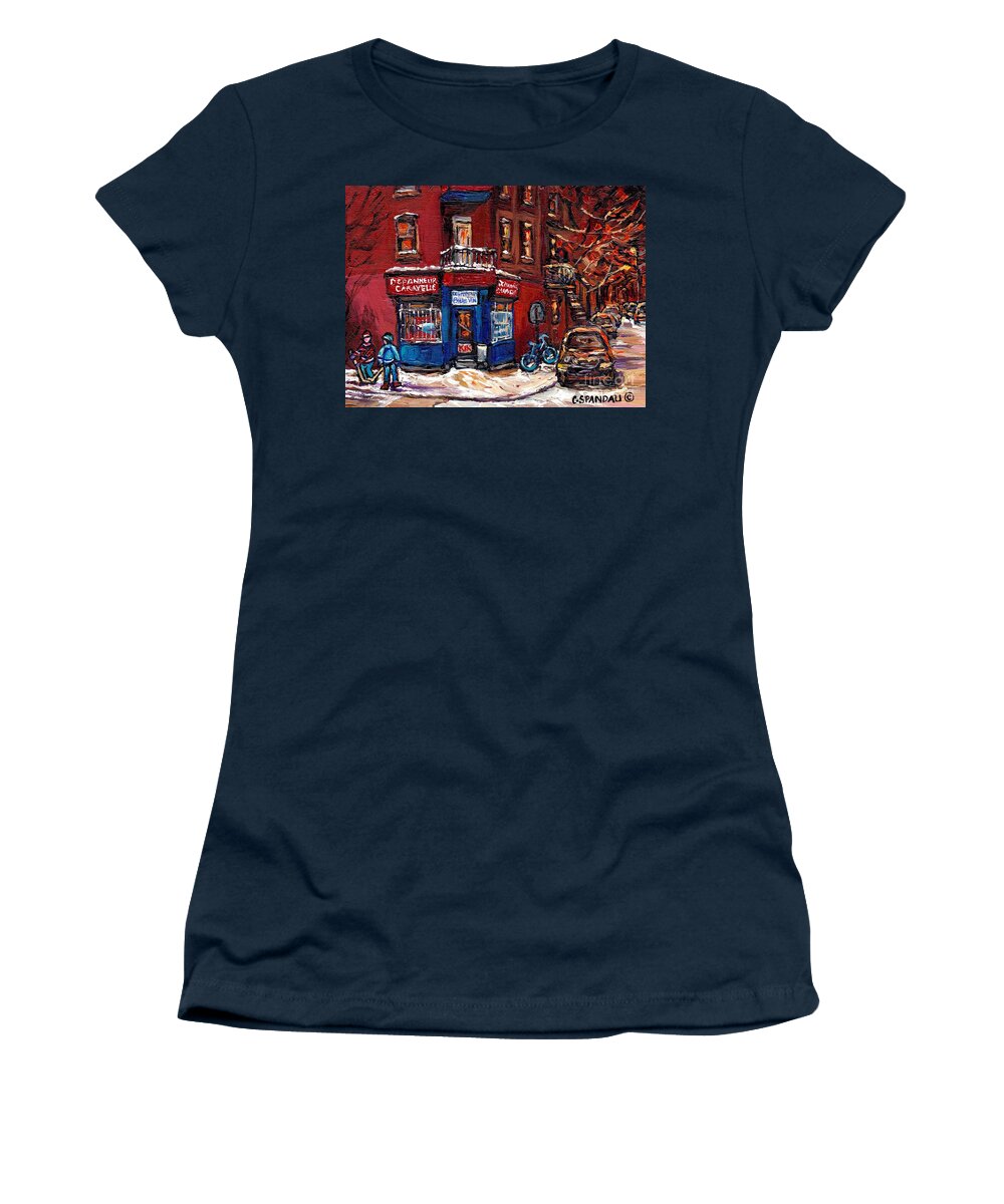 Montreal Women's T-Shirt featuring the painting Winter Night Scene Street Hockey Painting Depanneur Caravelle Rue Dufresne Best Montreal Art Scenes by Carole Spandau