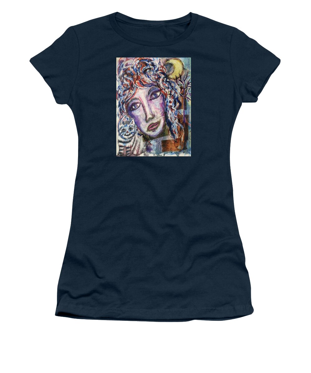 Wise Woman Women's T-Shirt featuring the mixed media Wise Woman and her Young Familiar by Mimulux Patricia No