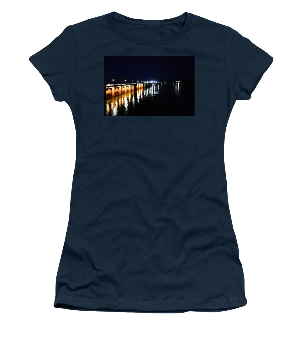 Nighttime Women's T-Shirt featuring the photograph Wolf Creek Dam Nightlights Reflection by Stacie Siemsen