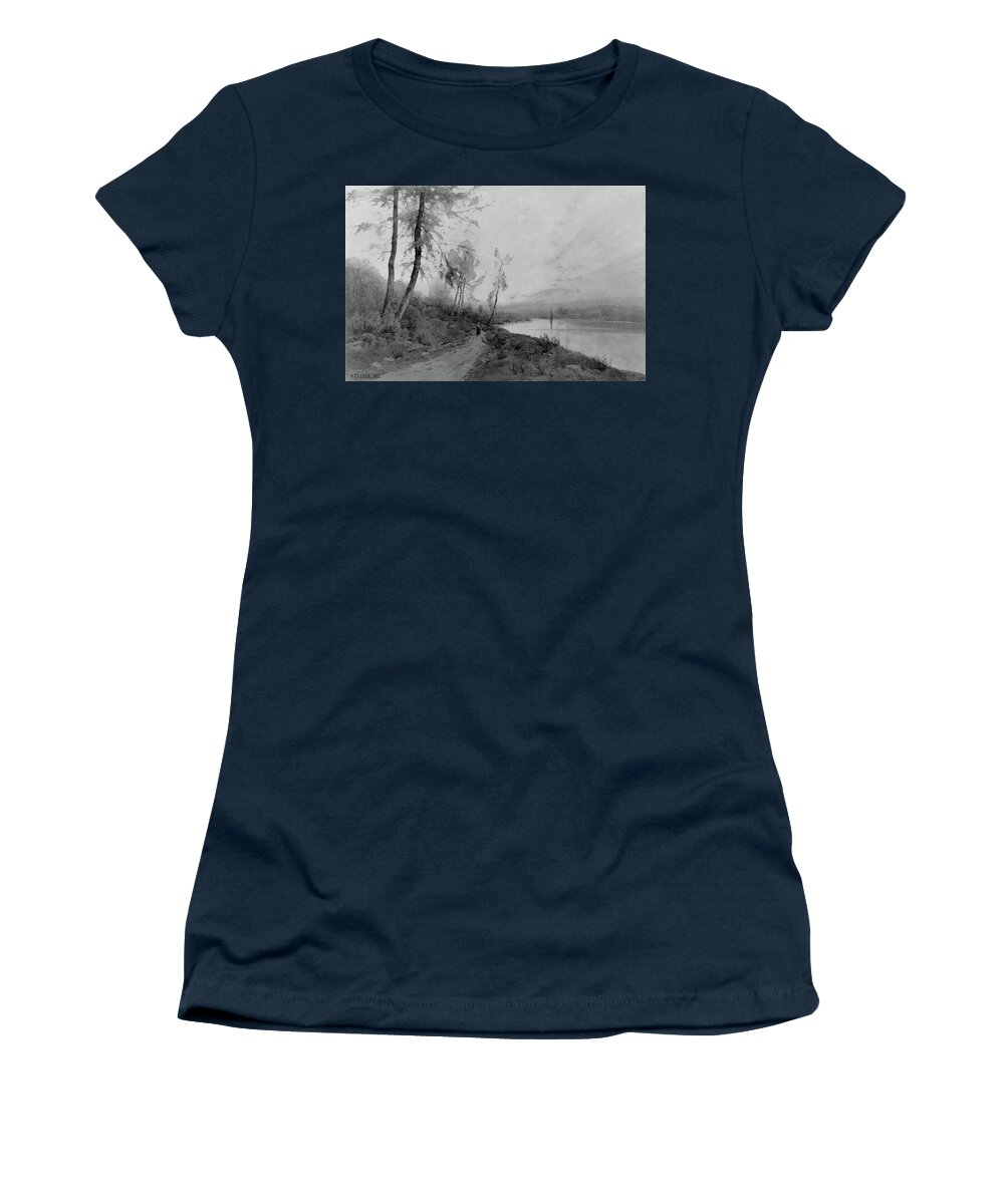 Woman Walking Beside A River Women's T-Shirt featuring the painting Woman Walking beside a River by Henry Farrer