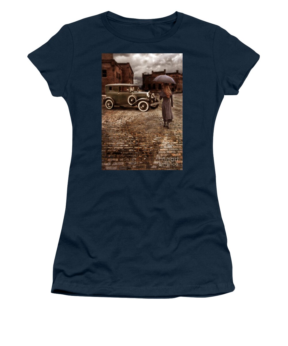 Woman Women's T-Shirt featuring the photograph Woman with Umbrella by Vintage Car by Jill Battaglia