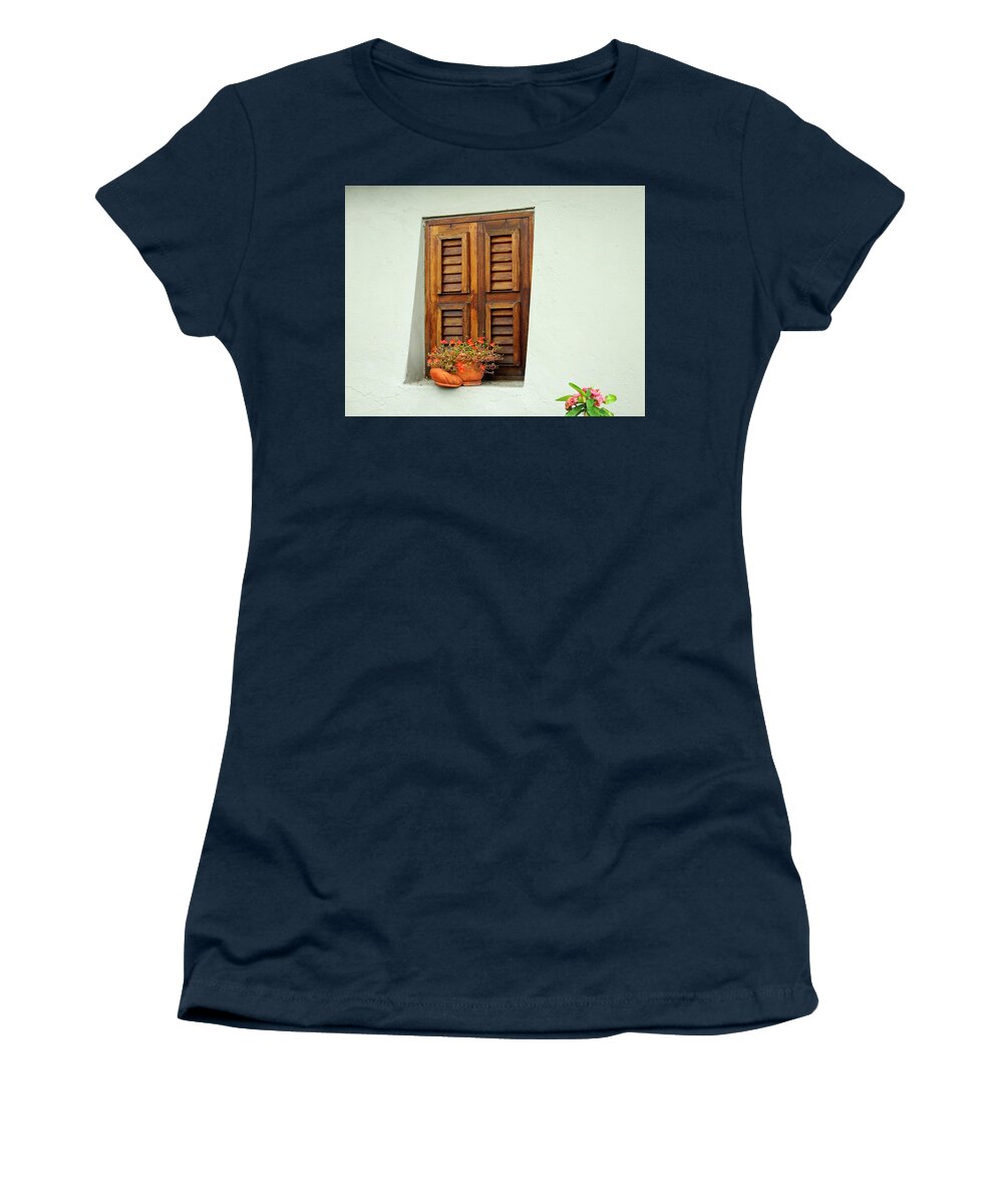 Curacao Women's T-Shirt featuring the photograph Wood Shuttered Window, Island of Curacao by Kurt Van Wagner