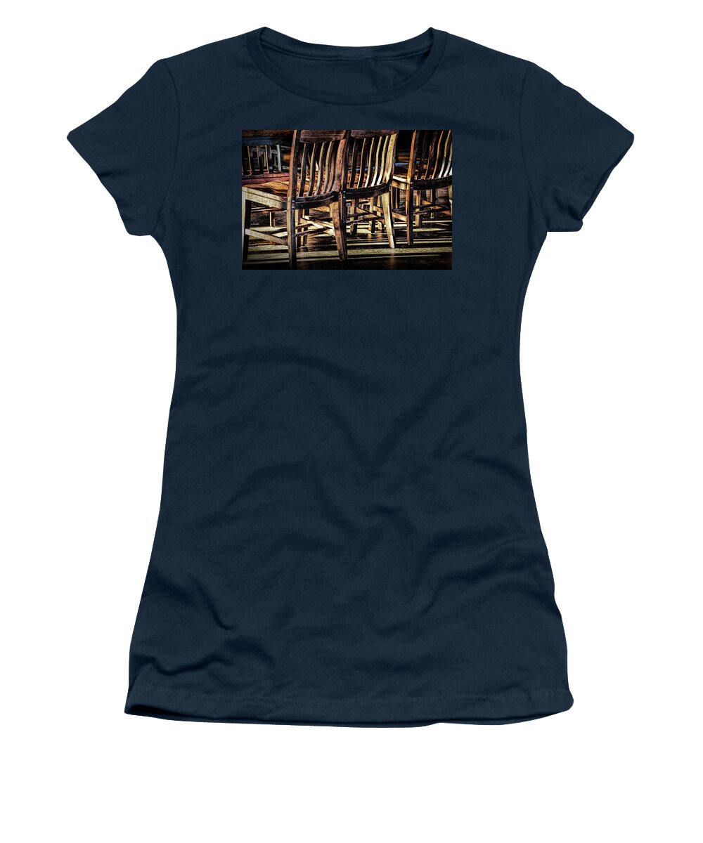 Art Women's T-Shirt featuring the photograph Wooden Chair Patterns of Light and Shadow by Randall Nyhof