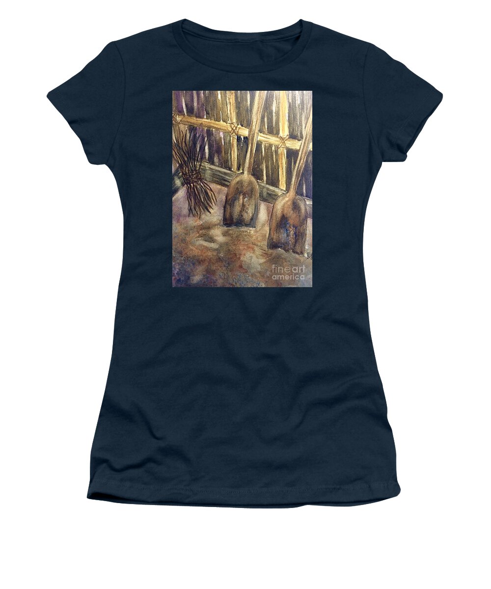 Wooden Shovels Women's T-Shirt featuring the painting Wooden Shovels n Stick Bundle Still life by Ellen Levinson