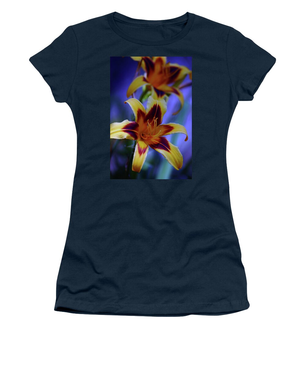 Yellow Women's T-Shirt featuring the photograph Yellow and Orange and Garnet Daylilies 1270 H_2 by Steven Ward