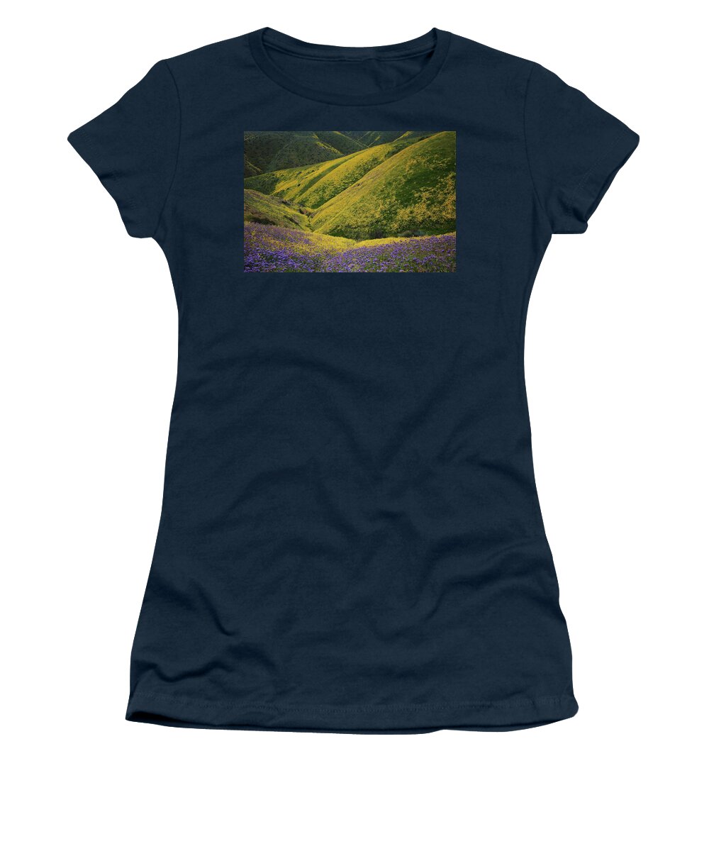 Wildflower Women's T-Shirt featuring the photograph Yellow and purple wildlflowers adourn the Temblor Range at Carrizo Plain National Monument by Jetson Nguyen