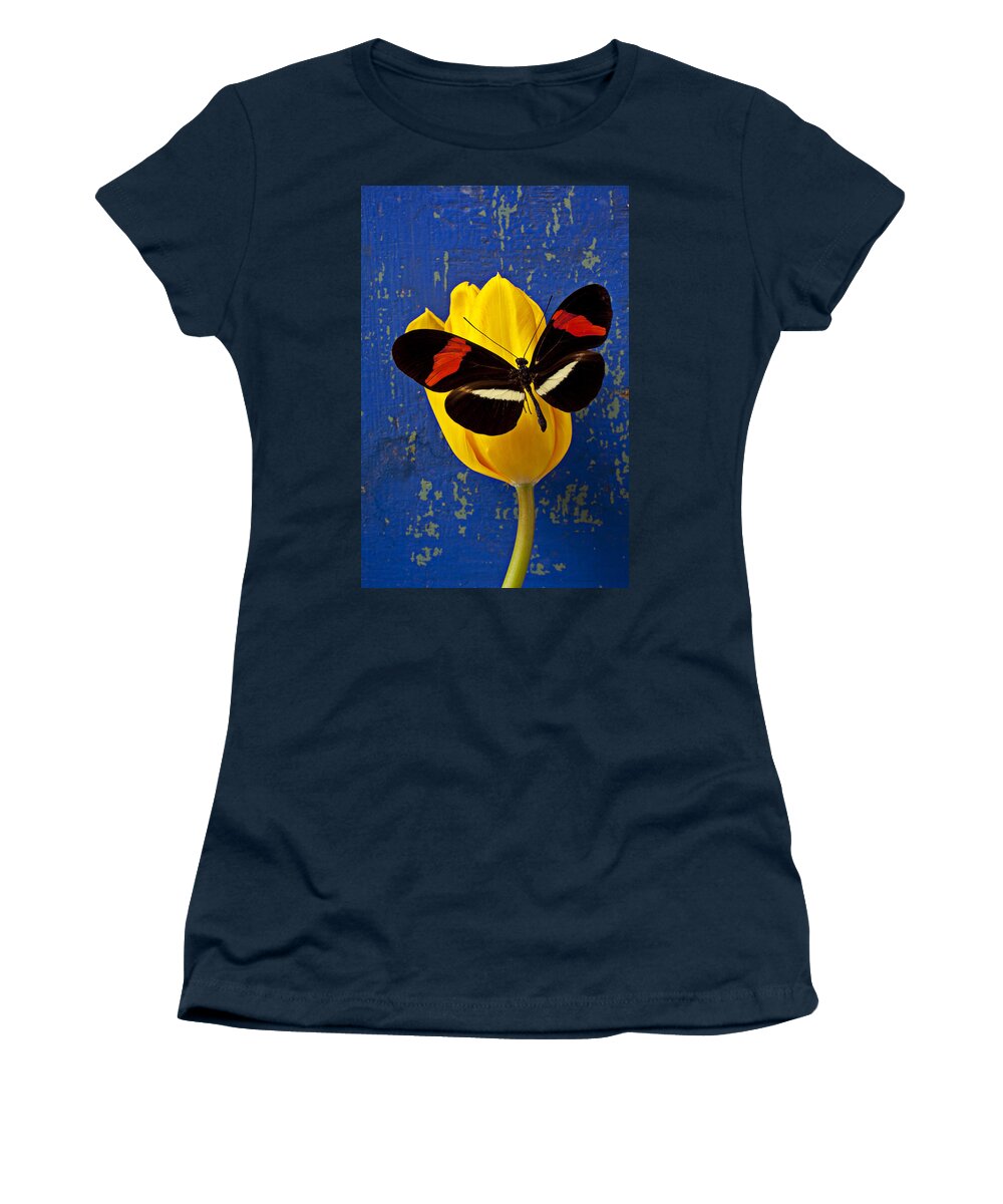 Yellow Women's T-Shirt featuring the photograph Yellow Tulip With Orange and Black Butterfly by Garry Gay