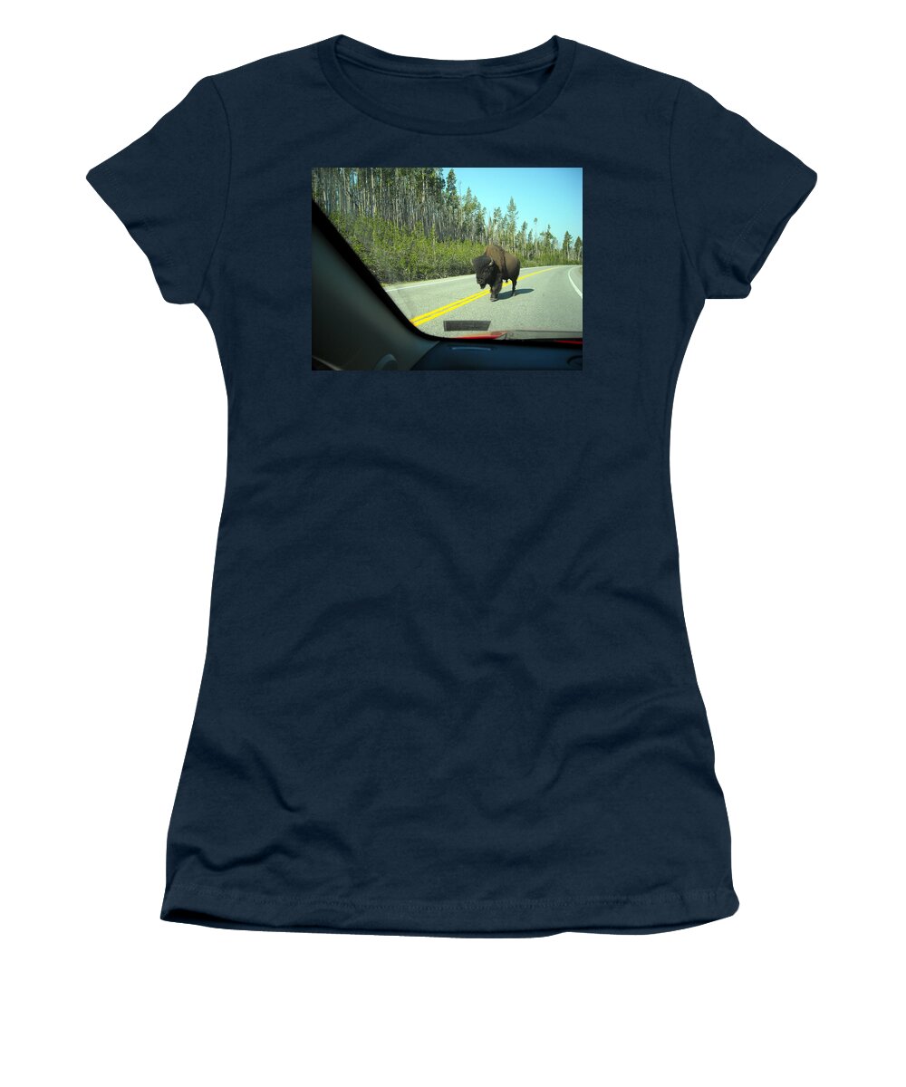 Bison Women's T-Shirt featuring the photograph Yellowstone Traffic can be Dangerous by George Jones