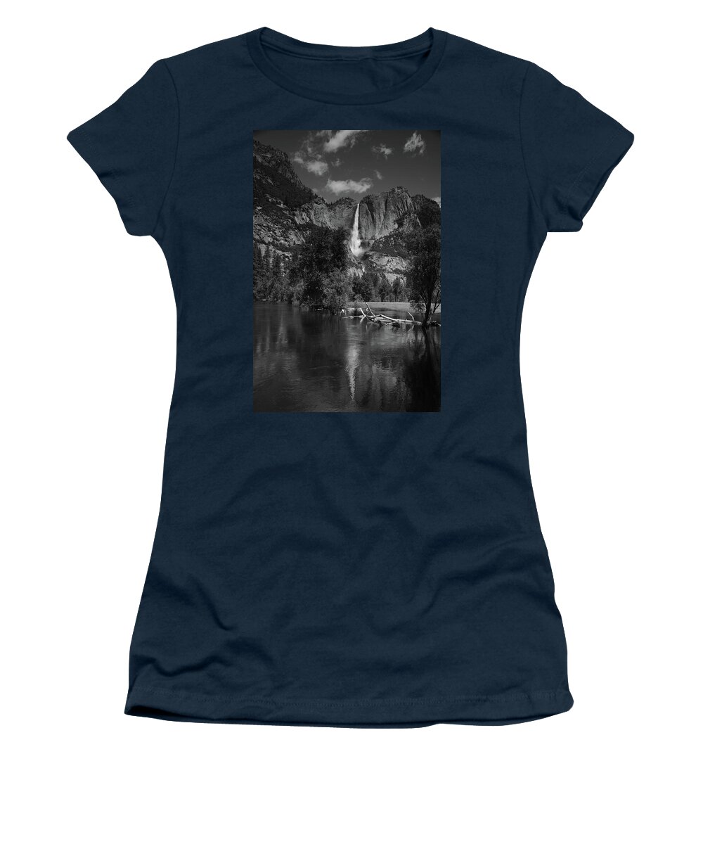 Yosemite Falls From Swinging Bridge Women's T-Shirt featuring the photograph Yosemite Falls from Swinging Bridge in Black and White by Raymond Salani III