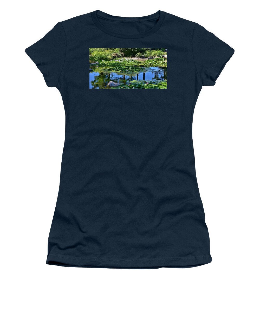 Linda Brody Women's T-Shirt featuring the photograph Zen-Like 10 Pond Flowers and Reflections by Linda Brody