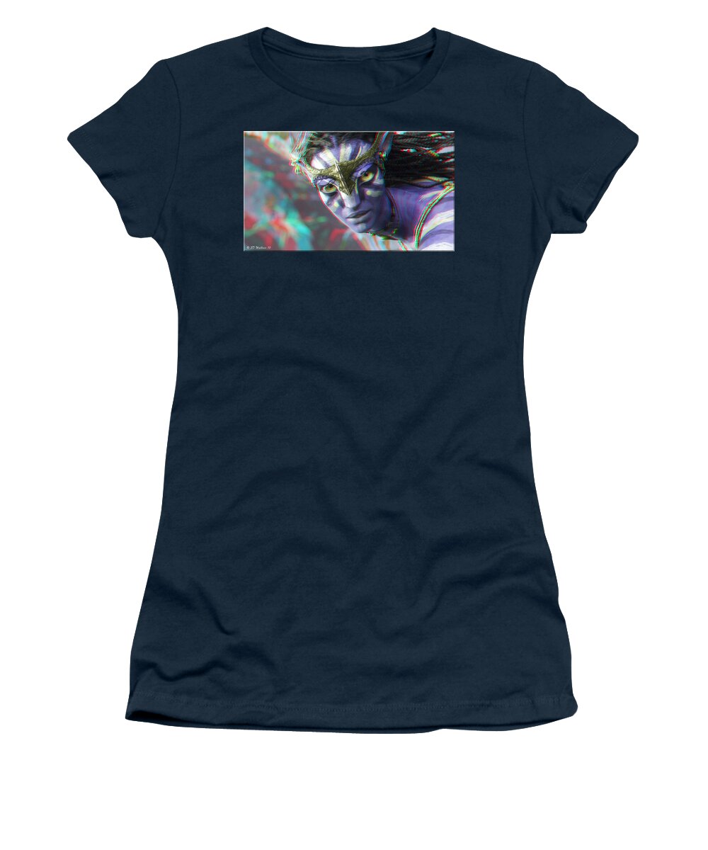 3d Women's T-Shirt featuring the photograph Zoe Saldana - Neytiri - Use Red and Cyan 3D glasses by Brian Wallace