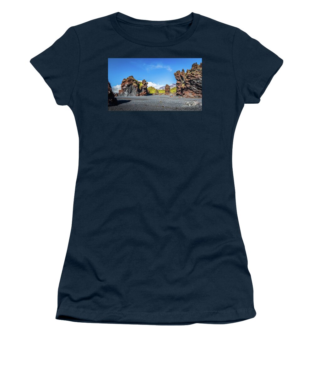 Lava Women's T-Shirt featuring the photograph Djupalonssandur beach, Iceland by Lyl Dil Creations
