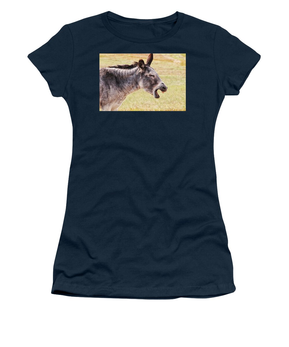 Donkey At Custer Women's T-Shirt featuring the photograph Donkey at Custer State Park #1 by Susan Jensen
