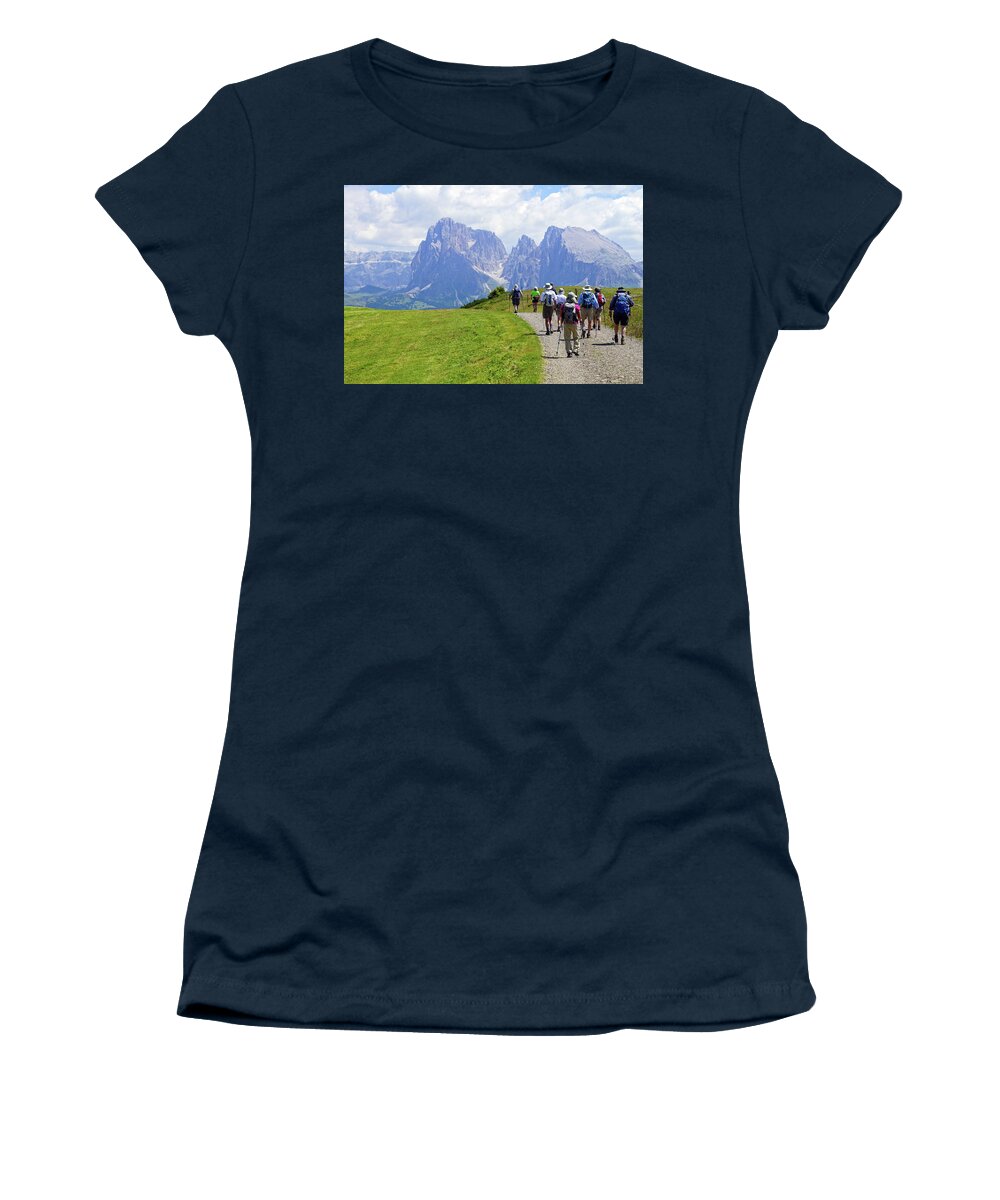 Italy Women's T-Shirt featuring the photograph Hikers walking towards the Langkofel #1 by Steve Estvanik