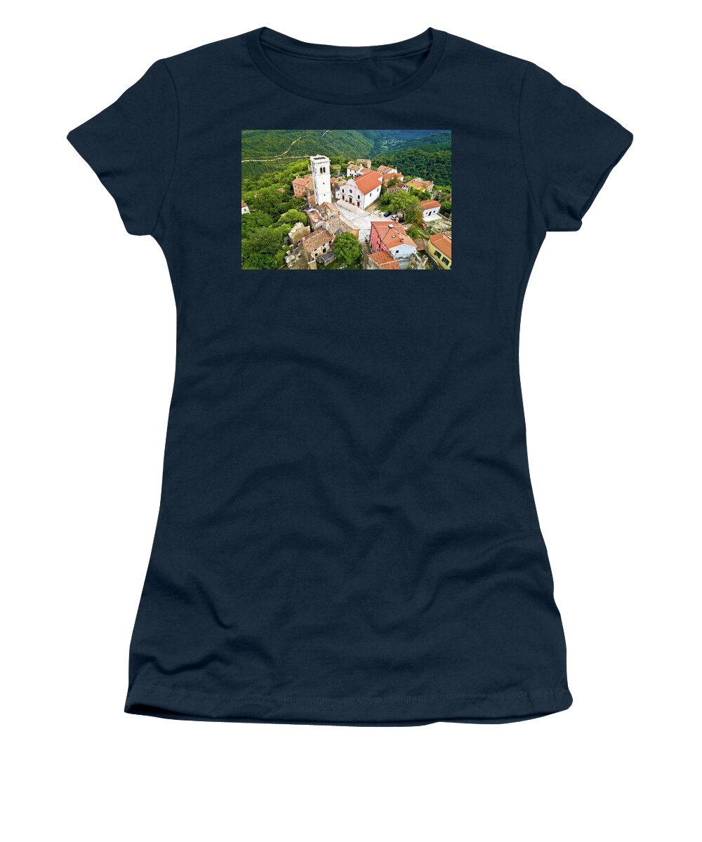 Oprtalj Women's T-Shirt featuring the photograph Oprtalj. Idyllic hill village of Oprtalj in green landscape aeri #1 by Brch Photography