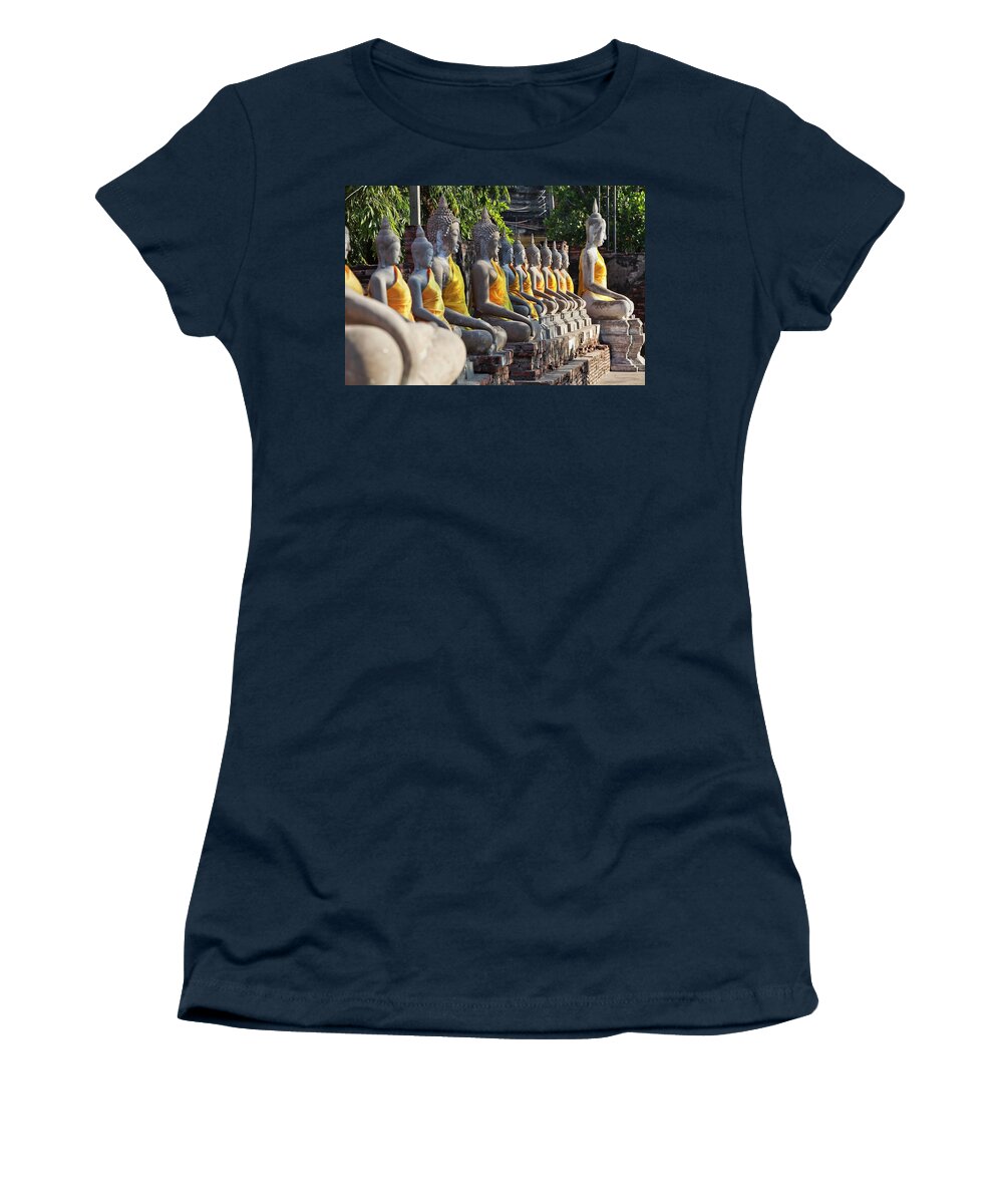 Estock Women's T-Shirt featuring the digital art Thailand, Central Thailand, Ayutthaya, Wat Yai Chai Mongkol, Buddha Statues #1 by Luigi Vaccarella