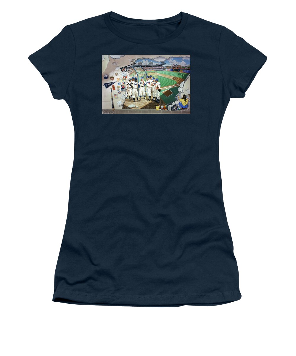 Baseball Women's T-Shirt featuring the painting The Brooklyn Dodgers in Ebbets Field #1 by Bonnie Siracusa