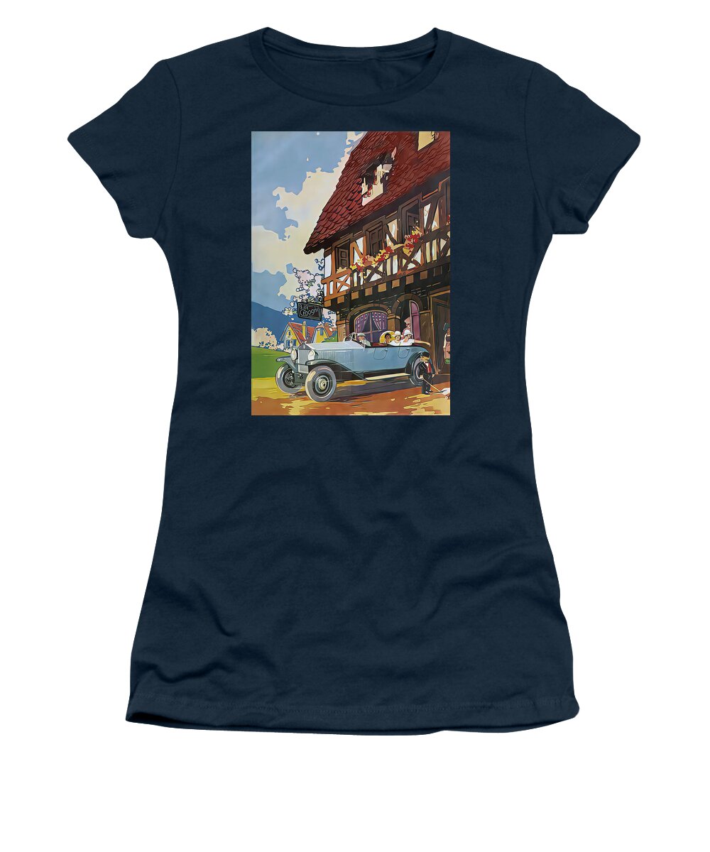 Vintage Women's T-Shirt featuring the mixed media 1926 Lancia Touring Car With Passengers Tavern Setting Original French Art Deco Illustration by Retrographs