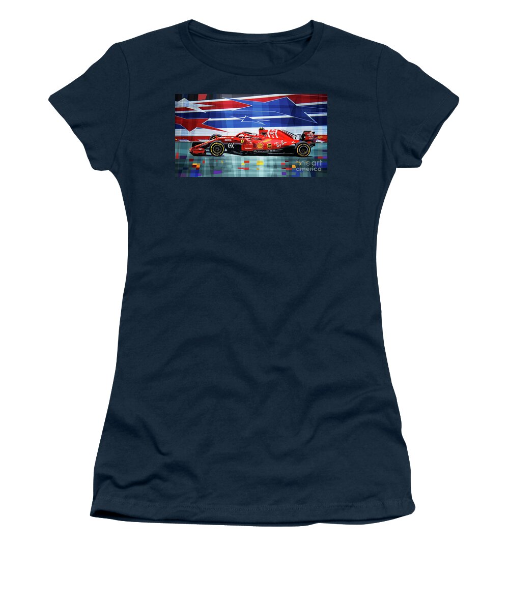 Shevchukart Women's T-Shirt featuring the mixed media 2018 USA GP Ferrari SF71H Kimi Raikkonen winner by Yuriy Shevchuk