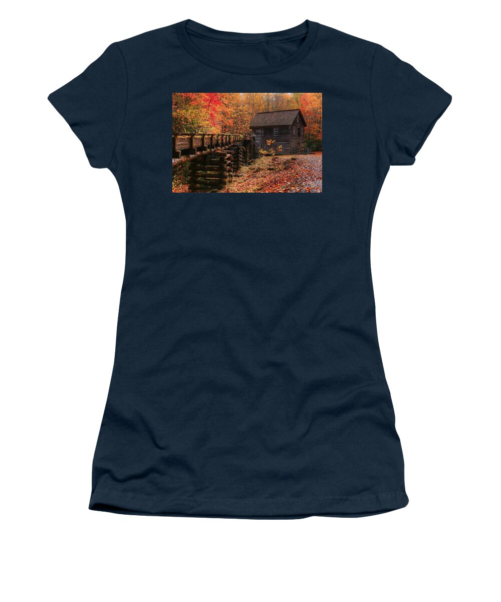 Mingus Mill Women's T-Shirt featuring the photograph 2019 Mingus Mill During Fall In The Great Smoky Mountain National Park II by Carol Montoya