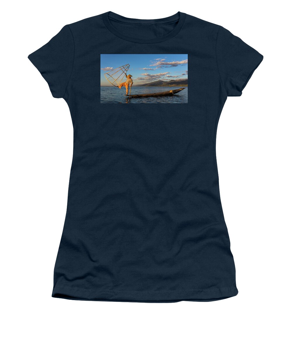 Fisherman Women's T-Shirt featuring the photograph Intha fisherman on Lake Inle in Myanmar #4 by Ann Moore