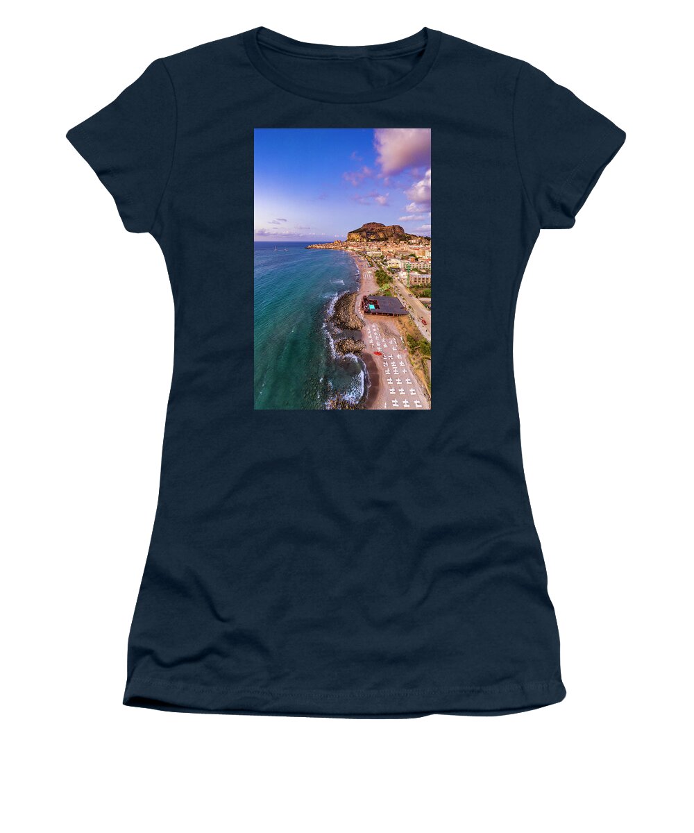 Estock Women's T-Shirt featuring the digital art Italy, Sicily, Palermo District, Mediterranean Sea, Tyrrhenian Sea, Cefalu, Cefalu Aerial View #3 by Antonino Bartuccio
