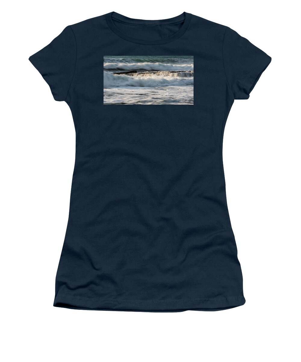 Seascape Women's T-Shirt featuring the photograph Rocky seashore with wavy ocean and waves crashing on the rocks #3 by Michalakis Ppalis