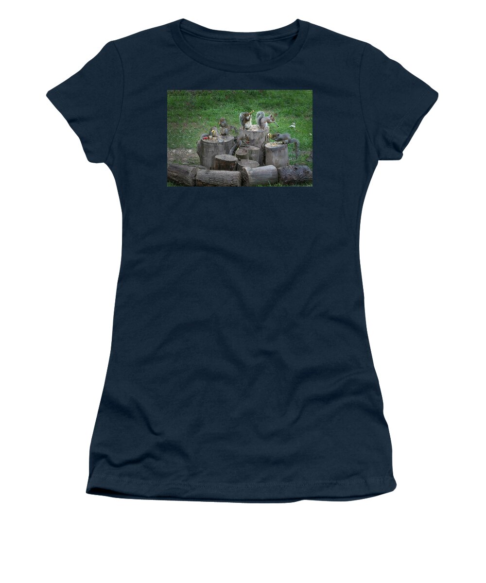 Grey Squirrels Women's T-Shirt featuring the photograph The Grey Squirrel Rowdy Tails Band making sweet music #3 by Daniel Friend