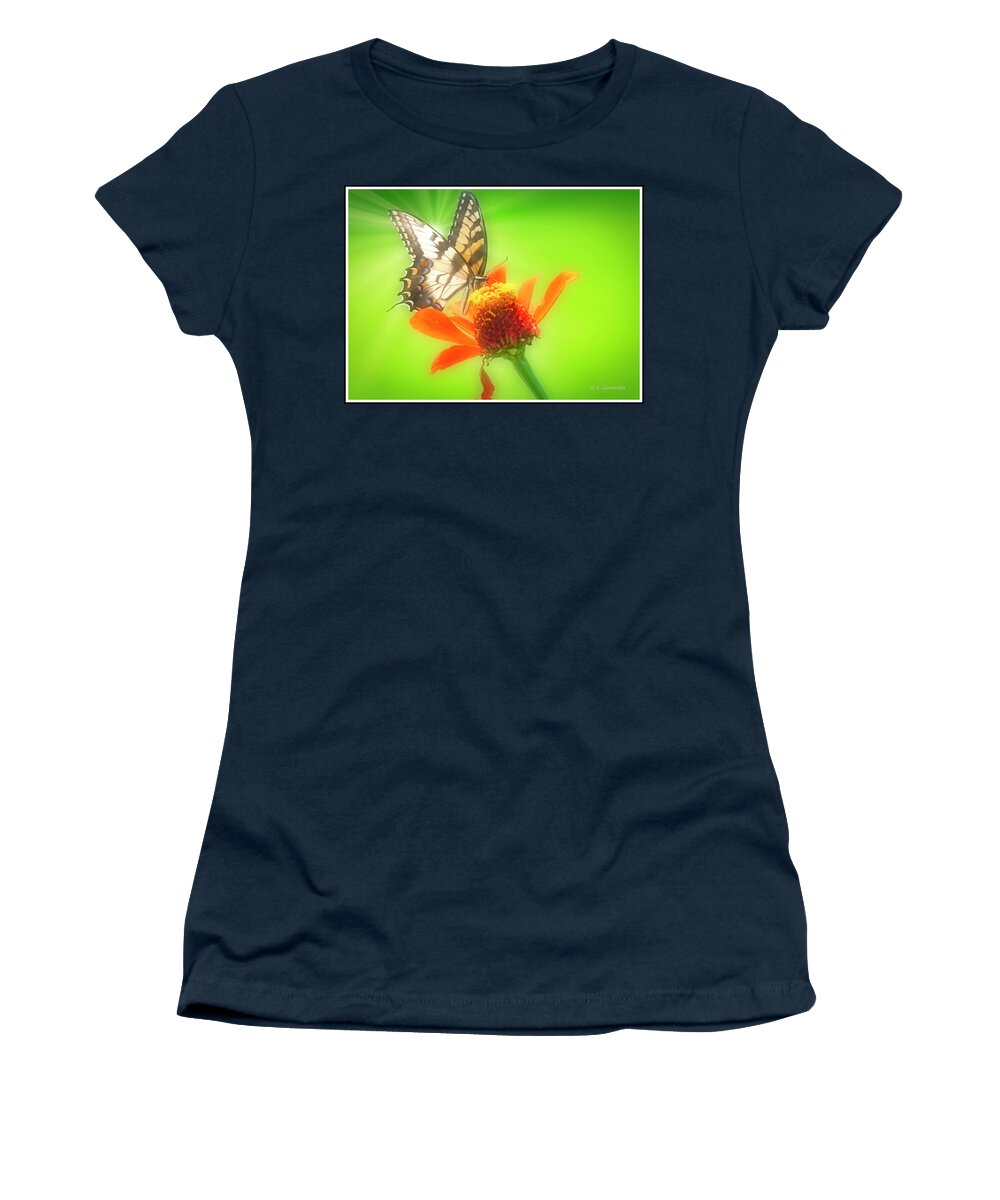 Entomology Women's T-Shirt featuring the digital art Tiger Swallowtail Butterfly, Zinnia Flower #3 by A Macarthur Gurmankin