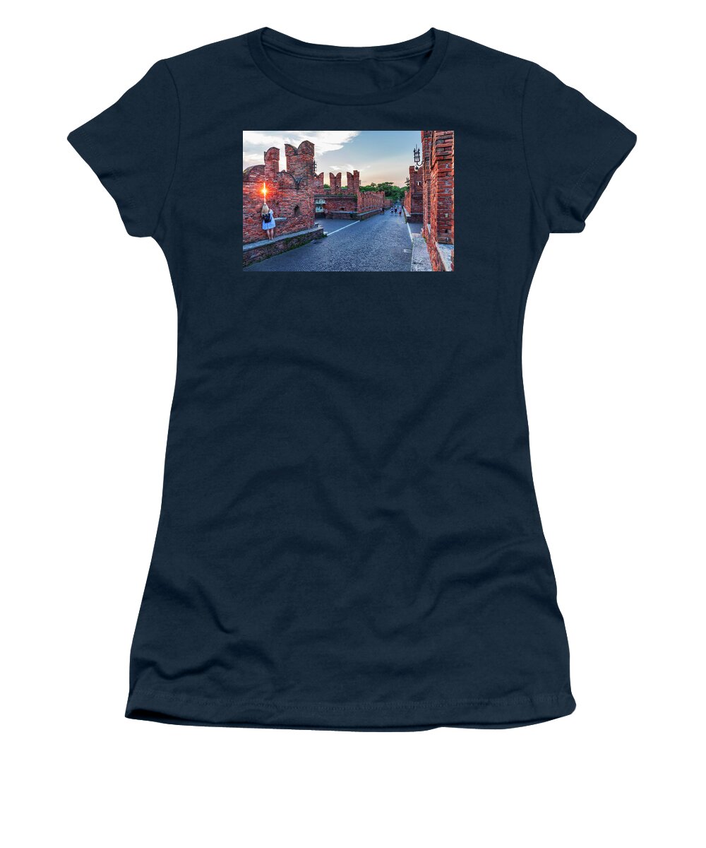 Estock Women's T-Shirt featuring the digital art Italy, Veneto, Verona District, Verona, Castelvecchio, Castelvecchio Bridge And Museum #4 by Luigi Vaccarella