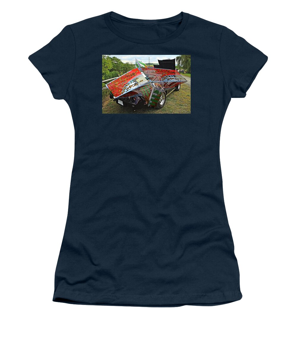 Cars Women's T-Shirt featuring the digital art Old car with 3D text boxes #4 by Karl Rose