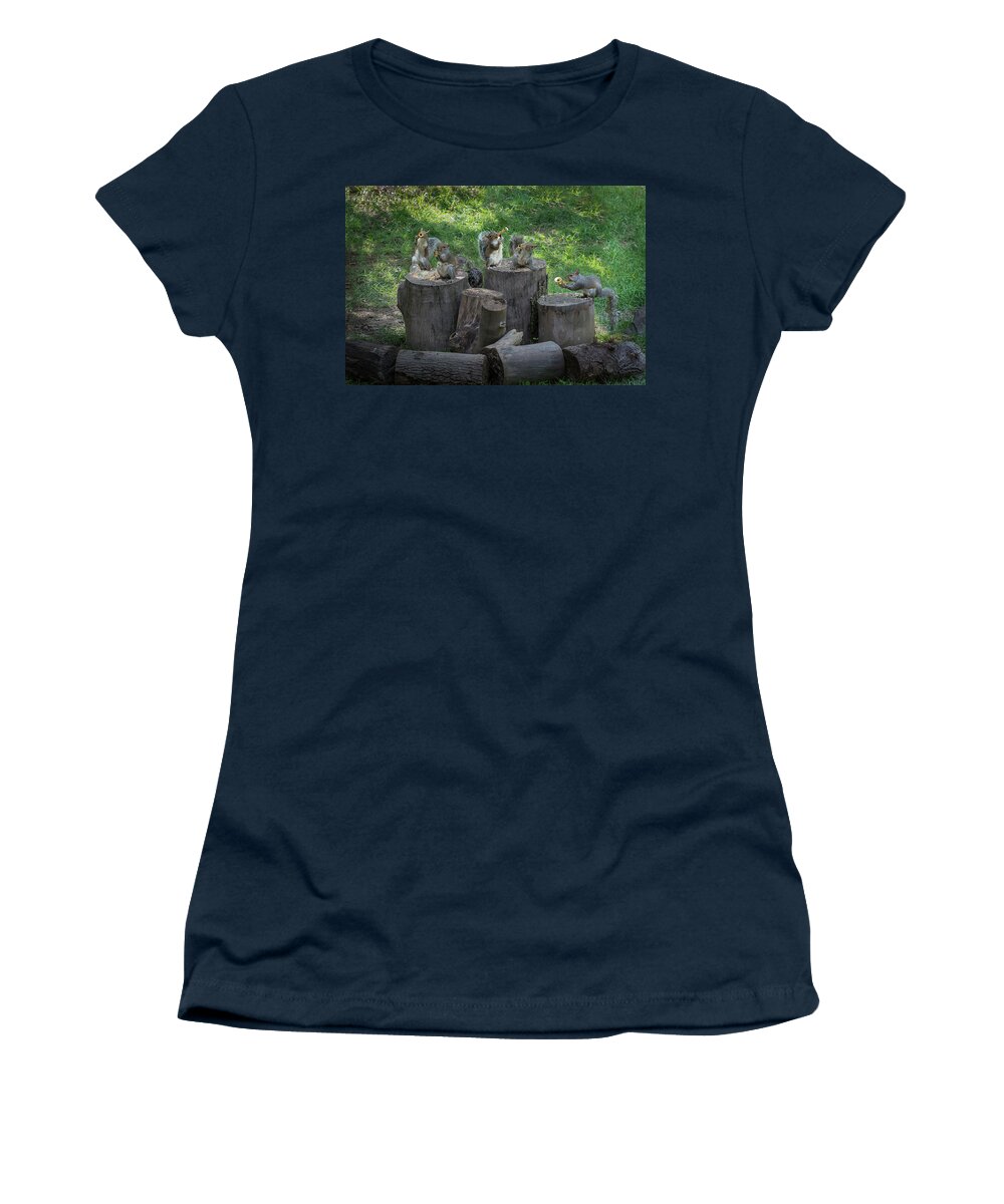 Grey Squirrels Women's T-Shirt featuring the photograph The Grey Squirrel Rowdy Tails Band making sweet music #5 by Daniel Friend