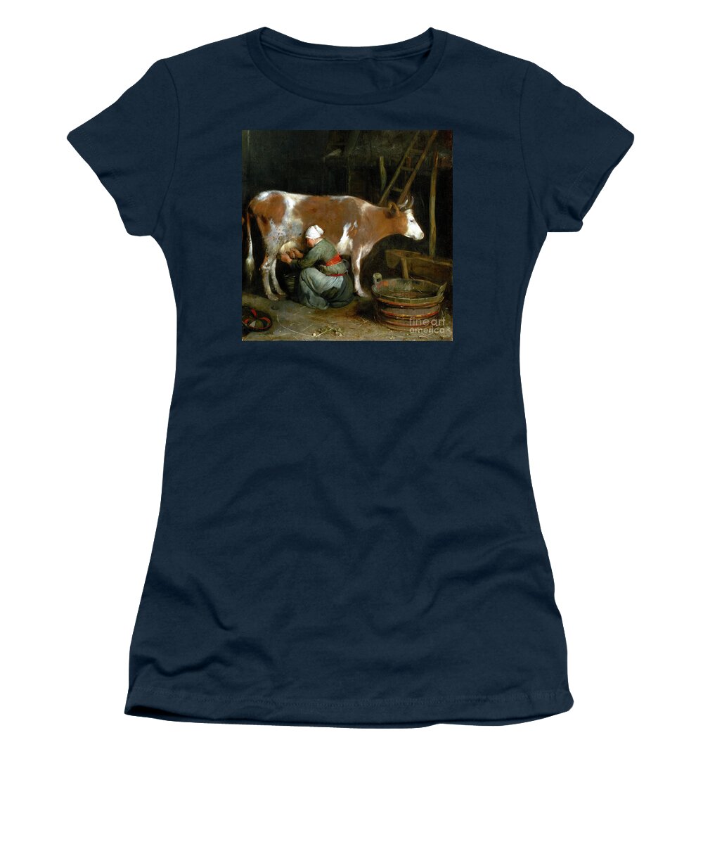 Gerard Ter Borch Women's T-Shirt featuring the painting A Maid Milking a Cow in a Barn by Audrey Jeanne Roberts