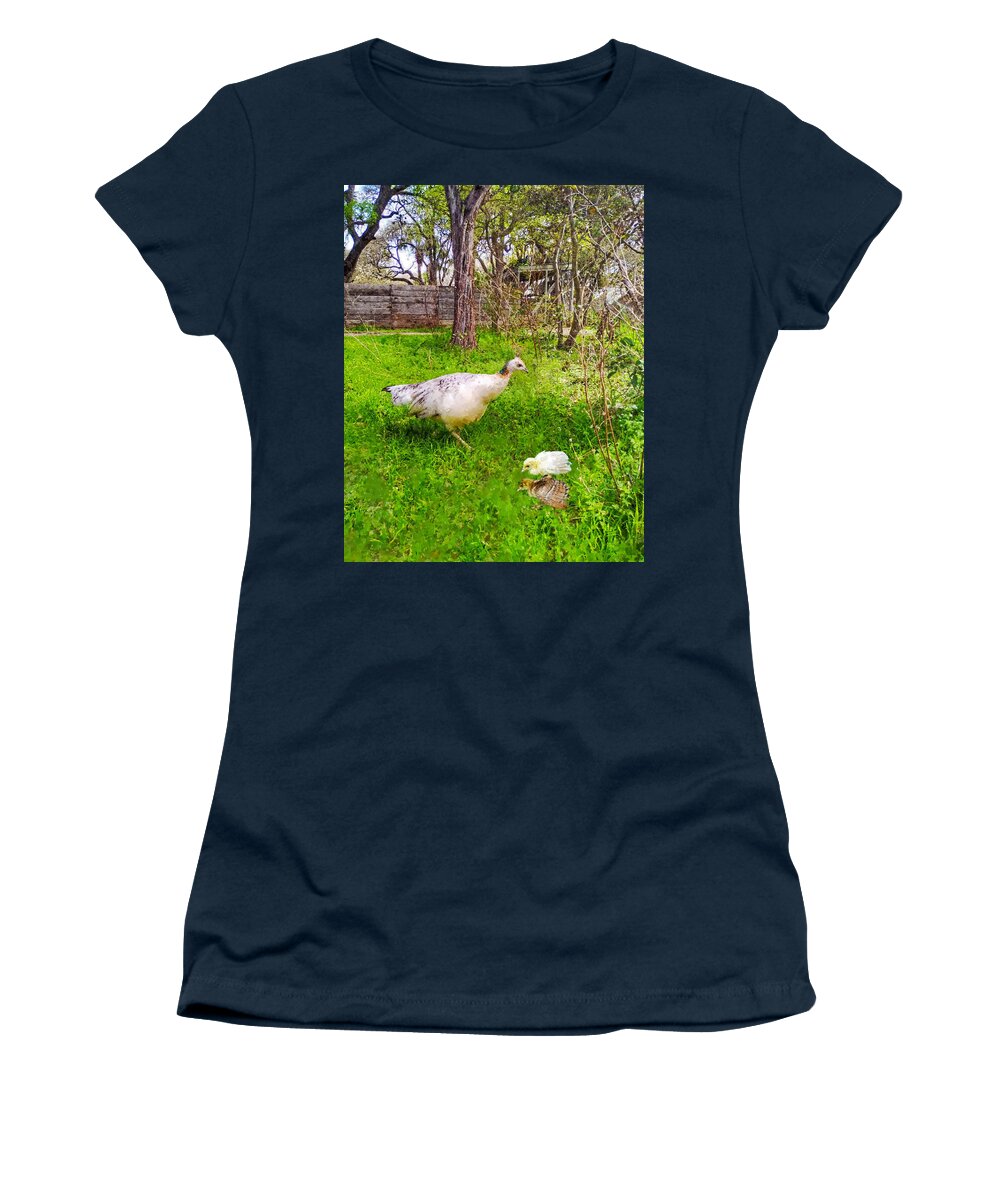 Peahen Women's T-Shirt featuring the photograph A Peahen And Her Chicks by Sandi OReilly