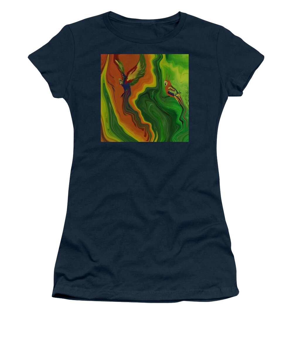 Abstract Women's T-Shirt featuring the painting Abstract Art - Colorful Fluid Painting Pattern with Parrots by Patricia Piotrak