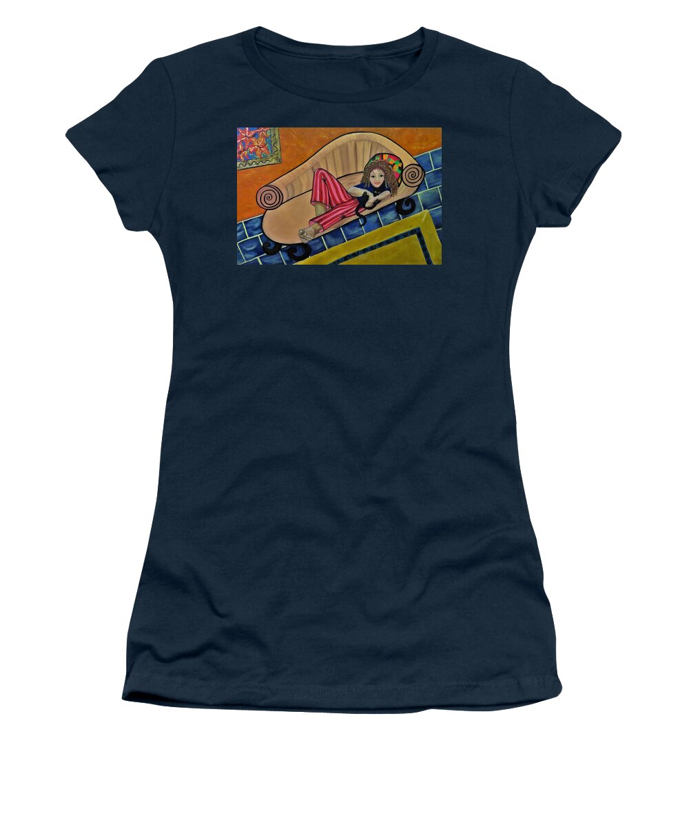 Portrait Women's T-Shirt featuring the painting AJ on the couch by Joan Stratton