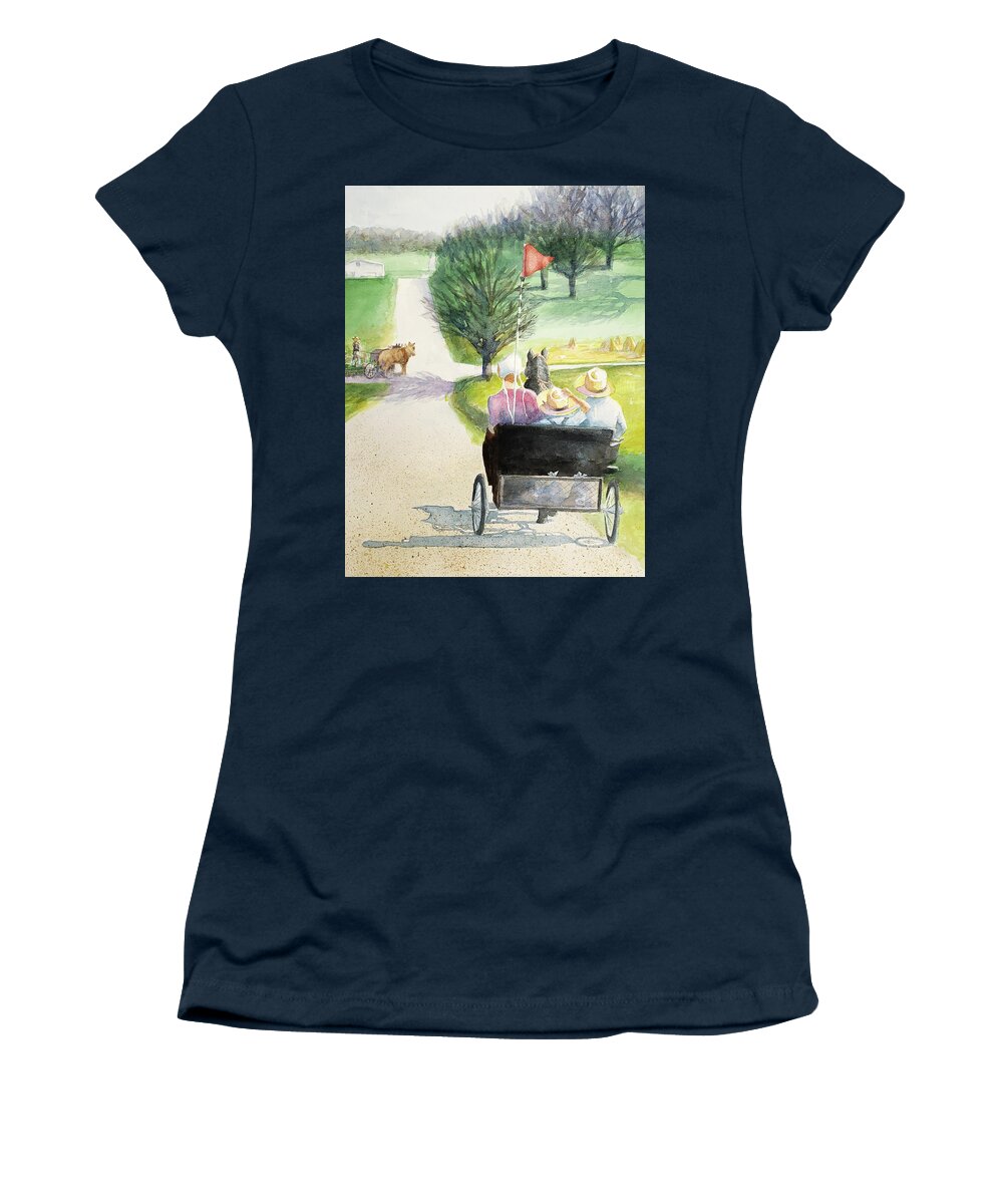 Amish Women's T-Shirt featuring the painting Amish Buggy Ride by George Harth