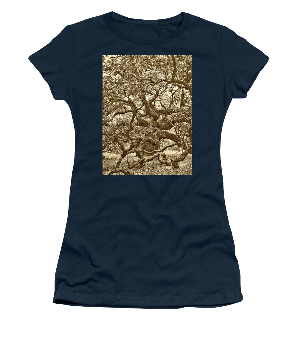 Angel Oak Women's T-Shirt featuring the photograph Angel Oak Drama in Vintage Sepia by Carol Groenen