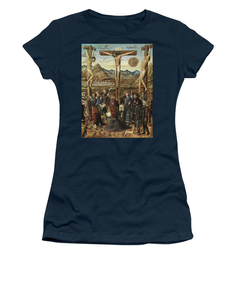 Anonymous Valencian Artist Active 1450-1460 Women's T-Shirt featuring the painting Anonymous Valencian artist active 1450 -1460 -Active between 1450 -1460-. The Crucifixion -ca. 14... by Anonymous Valencian artist -fl 1450-1460-