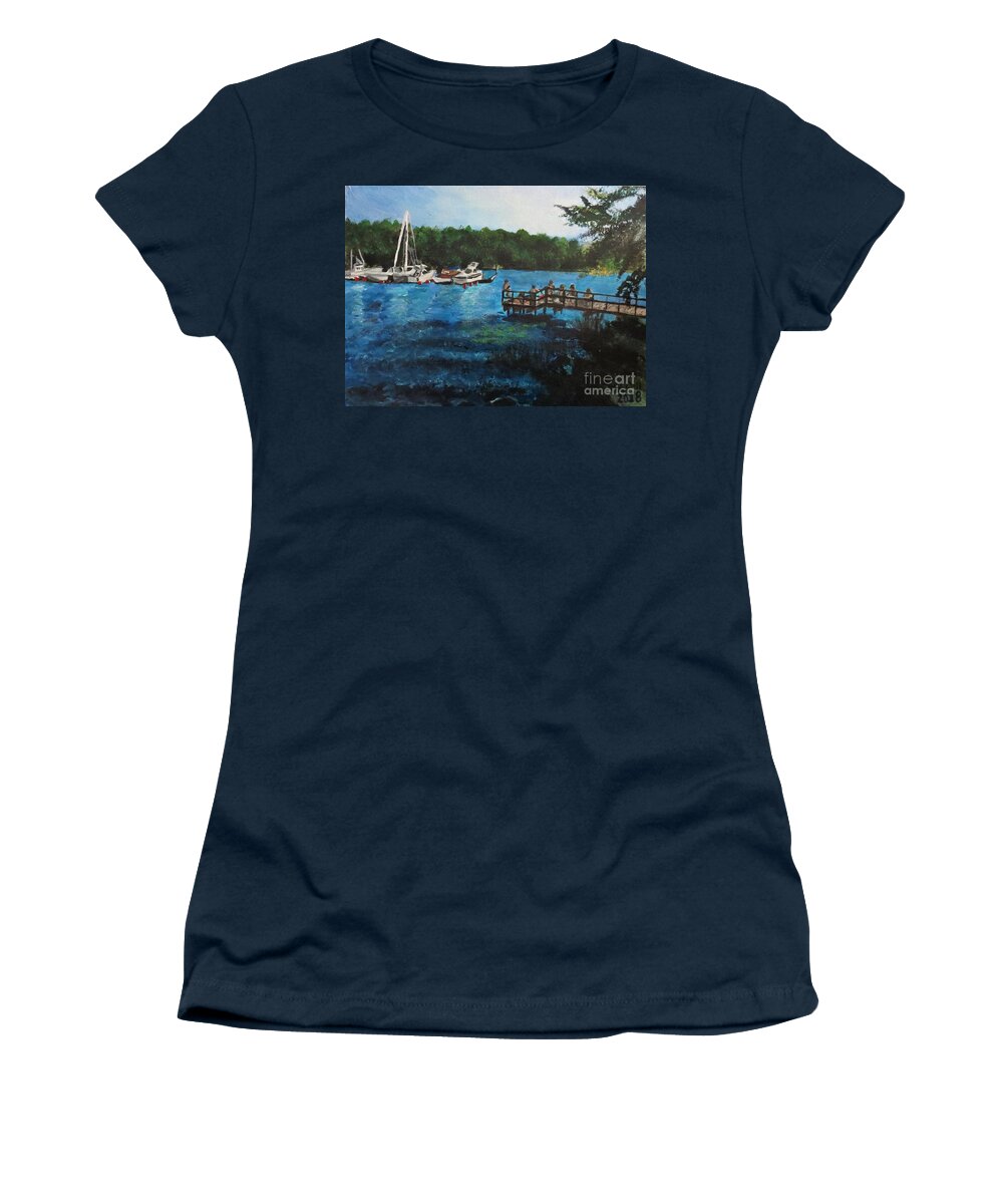 Blue Women's T-Shirt featuring the painting Arstaviken sunset, Sodermalm, Stockholm, Sweden by C E Dill