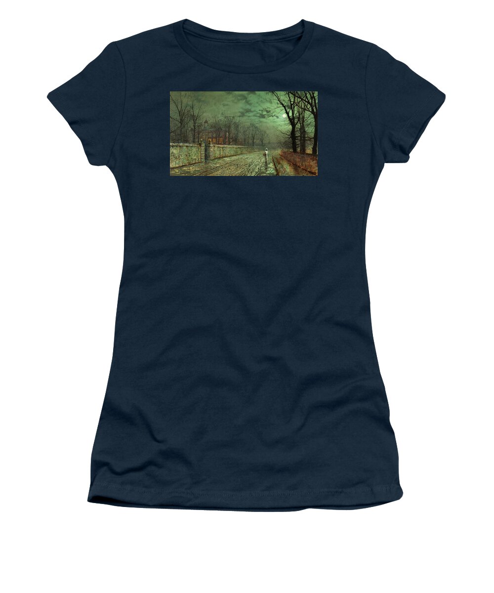 Atkinson Grimshaw Women's T-Shirt featuring the painting Atkinson Grimshaw -Leeds, 1836 -1893-. A Moonlit Evening -1880-. Oil on cardboard. 25.5 x 46 cm. by John Atkinson Grimshaw -1836-1893-
