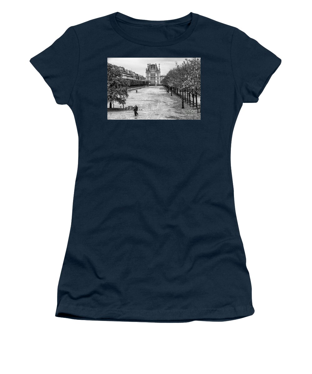 Champs Elysees Women's T-Shirt featuring the photograph Autumn walk along the Champs Elysees Black and White by Wayne Moran